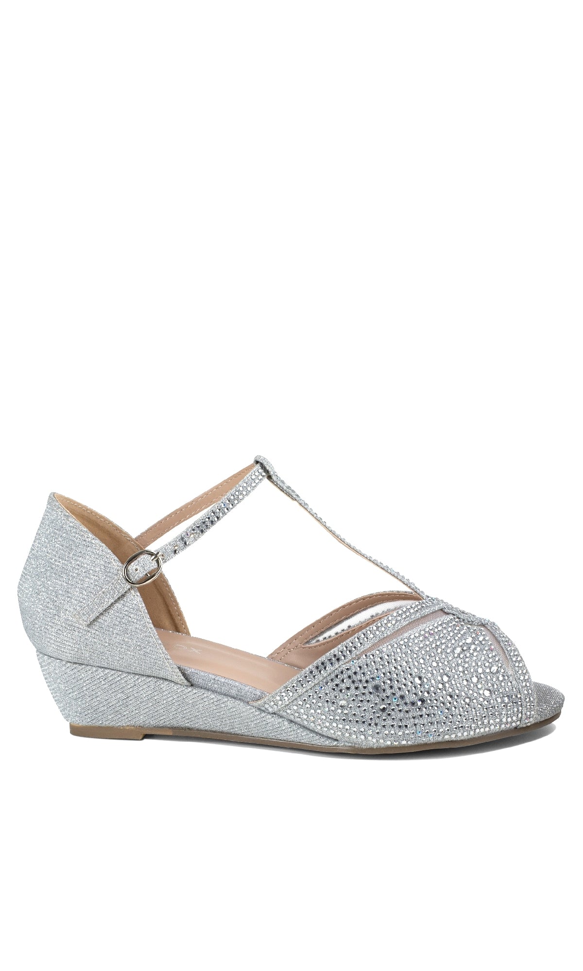 The Janelle Silver Prom Shoes (Paradox London P2210) feature open toes, low wedge heels, ankle buckle straps, and sparkling rhinestones—making them perfect silver shimmer sandals for prom.